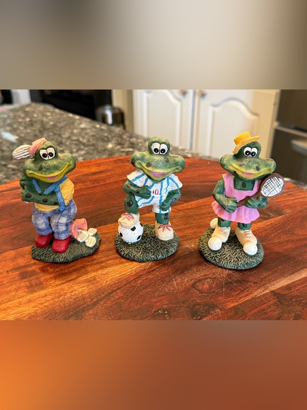 3 Toad Figurines Sports Sporty Fun Resin Frogs Whimsical Collectible